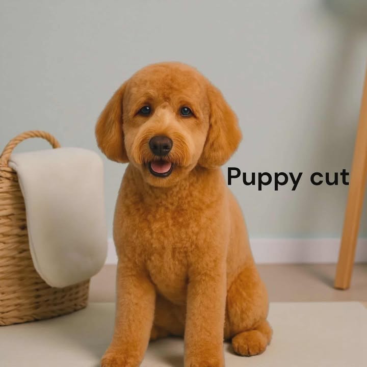 A small, fluffy brown dog with a rounded haircut sits on a beige rug next to a wicker basket with a white blanket. The text Puppy cut appears beside the dog.