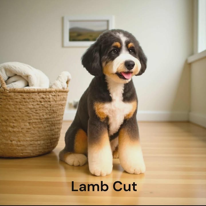 A happy dog with a lamb cut sits on a wooden floor next to a woven basket with blankets. The dogs fur is neatly trimmed, especially on its body and legs, creating a fluffy, lamb-like appearance. Text reads Lamb Cut.