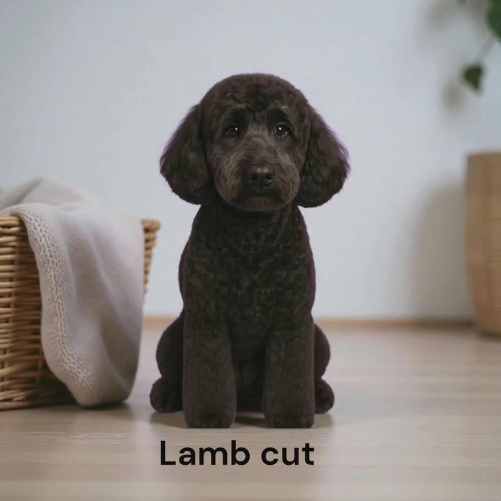 A dark brown poodle with a lamb cut sits on a wooden floor next to a wicker basket with a beige blanket. The text Lamb cut is written below the dog.
