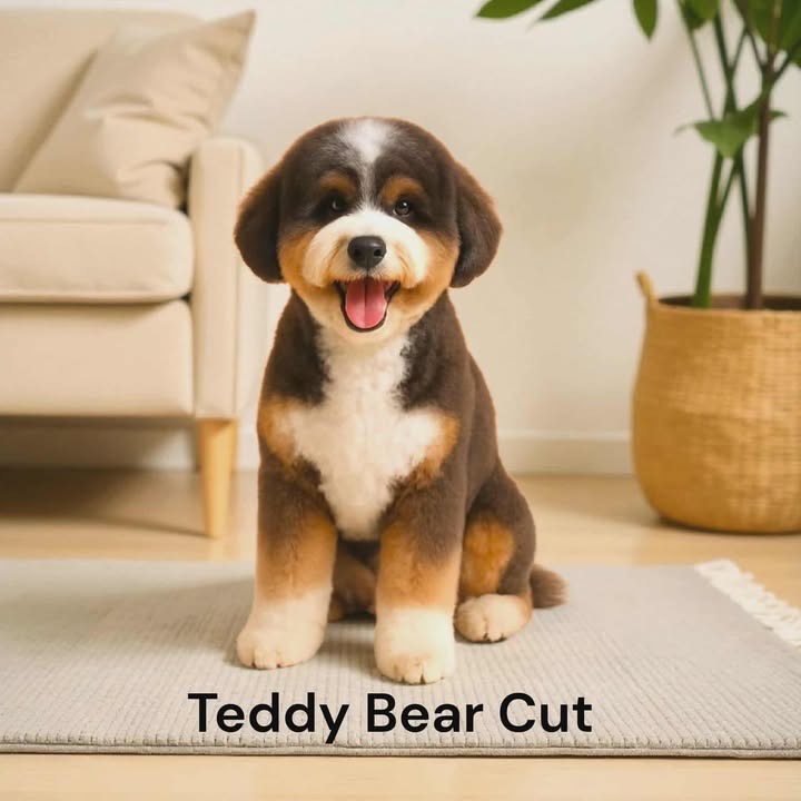 A dog with a “teddy bear cut” sits on a rug indoors, smiling with its tongue out. The fur is rounded and fluffy, especially around the face. There’s a sofa and a potted plant in the background. Text reads Teddy Bear Cut.
