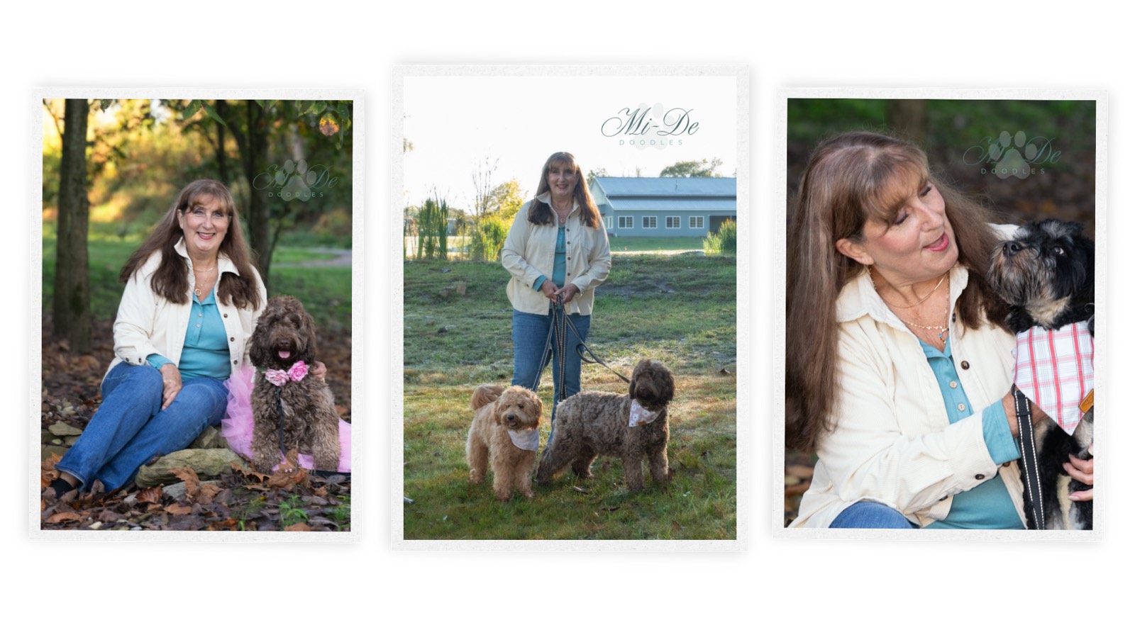 A smiling woman with long brown hair poses outdoors with two curly-haired labradoodles and one small black dog in a pink plaid outfit in three side-by-side photos. Trees and a building are visible in the background.
