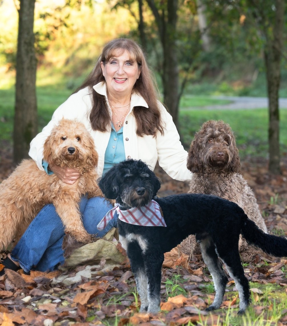 A smiling woman with long brown hair kneels outdoors on fallen leaves, posing with three fluffy dogs—two labradoodles and one black bernedoodle with a plaid bandana—surrounded by trees in a park setting.