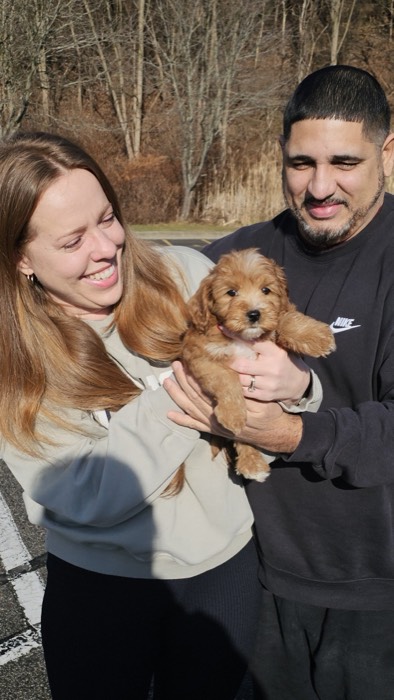A smiling woman and man stand outdoors holding a small, fluffy brown puppy between them. The sun is shining, and leafless trees are visible in the background.