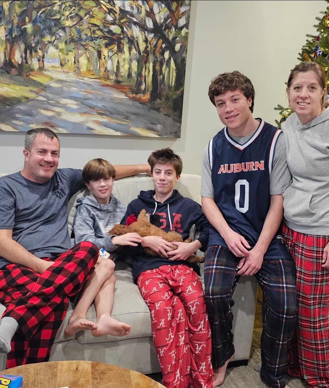A family of five, all in plaid pajama pants, sits and stands around a living room couch. Two boys sit with a small brown dog. A painting of a tree-lined path and a Christmas tree are in the background.