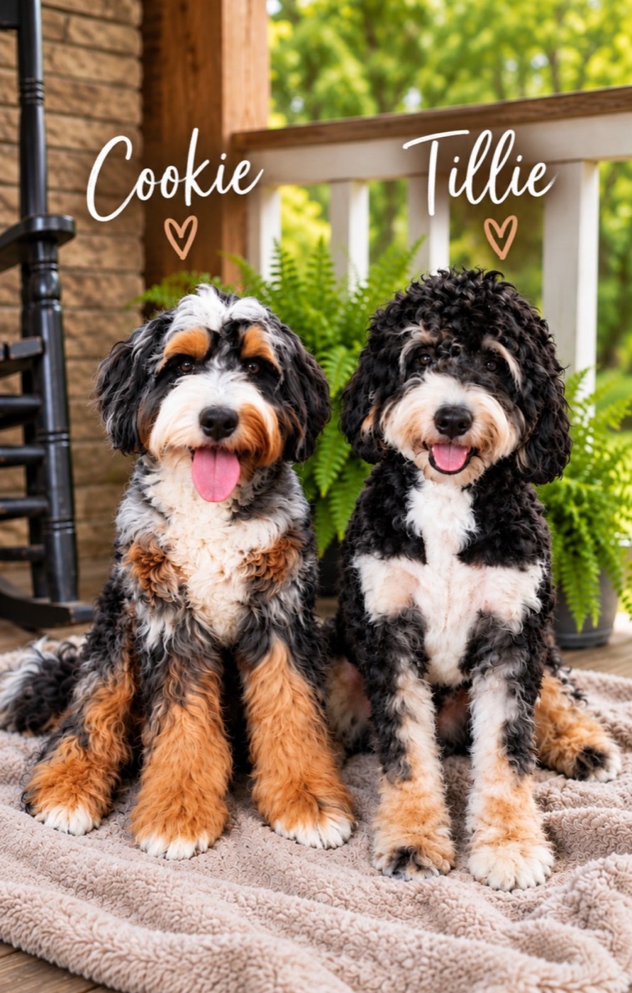 Two Bernedoodles sit side-by-side on a porch, labeled Cookie and Tillie with heart symbols above them.