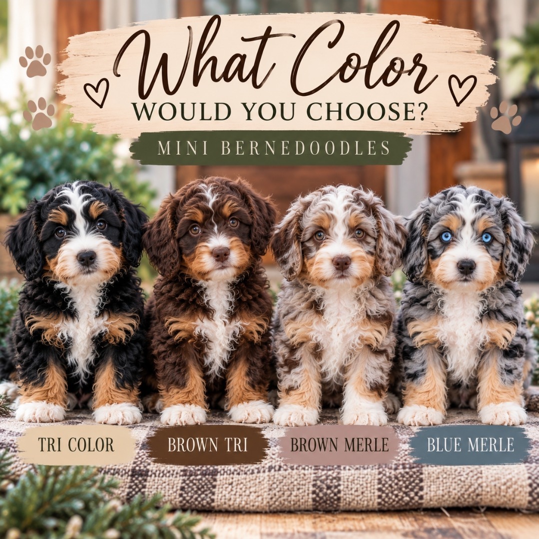 Four mini Bernedoodle puppies sit in a row on a plaid blanket, with text labels identifying their color patterns as tri color, brown tri, brown merle, and blue merle.