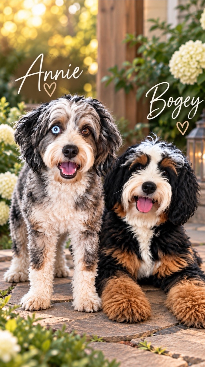 Two fluffy dogs named Annie, with one blue and one brown eye, and Bogey sitting together outdoors.